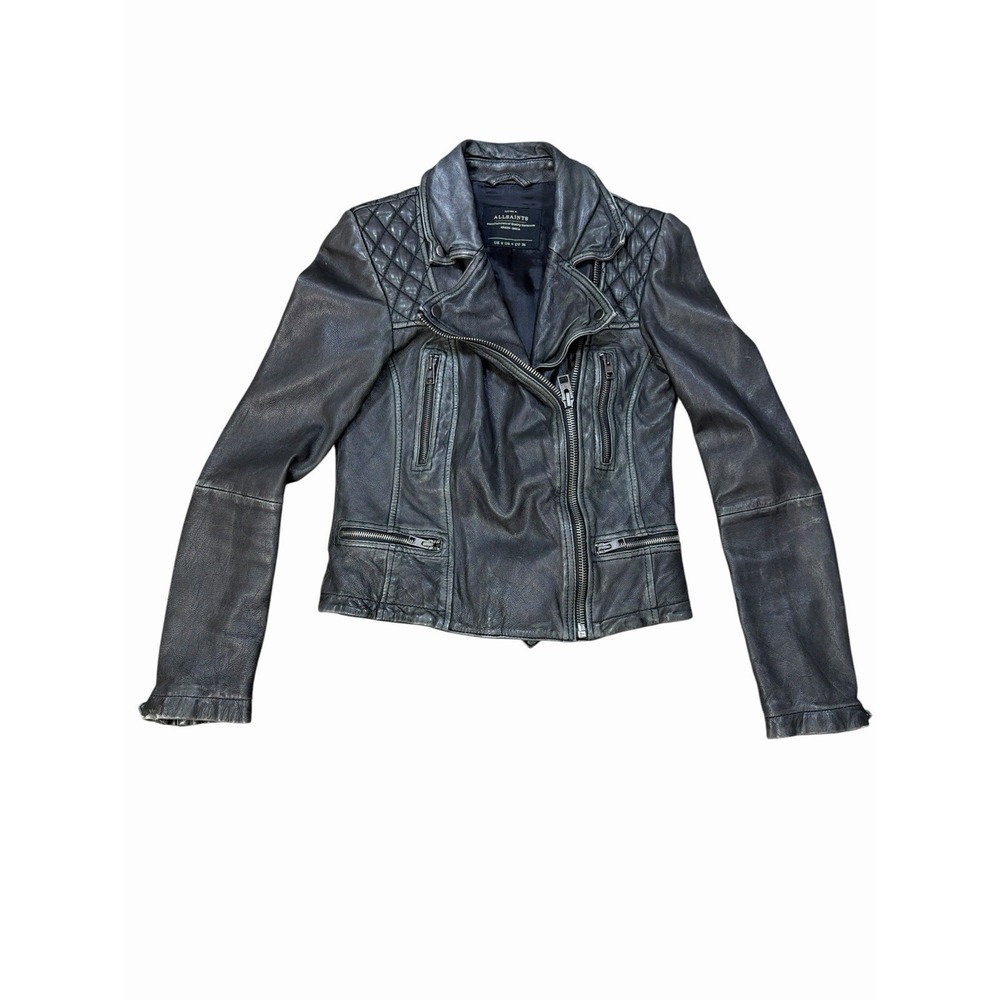 AllSaints Cargo Biker Jacket Womens US 4 Black Leather Quilted Moto Motorcycle